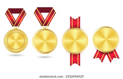 Set of Gold medals. Champion winner award metal medal. Honor badges realistic isolated vector set. Vector set of Golden award and medal trophy illustration 10 eps.