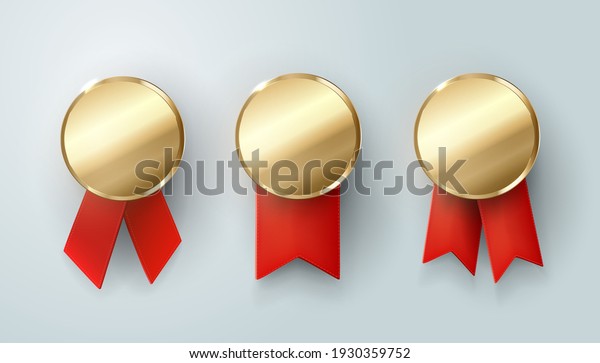 set of\
gold medals. Champion.  winner trophy, golden medal ,sport , first,\
best , red ribbon ,coin ,prize, vector\
.