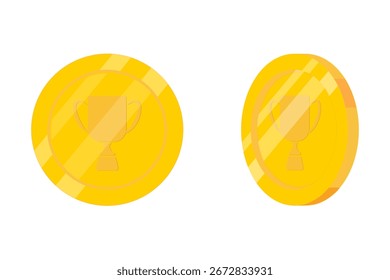 Set, gold medals with a cup vector, victory, front and profile, medal, medallion, gold, award, prize