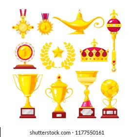 Set of gold medals, medals, cups, ornaments. Championship winner gold trophy cups and awards for football victory, symbol of leadership, champion, winner. Prizes for first place. Vector illustration.