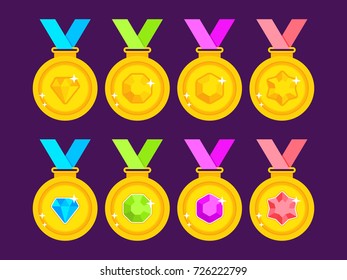 Set of gold medals decorated with gems. Collection of award medals with colored ribbons. Flat gold medals. Vector illustration
