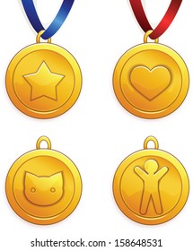 Set of gold medals. Heart shape, star, kitten and human. EPS10, transparency.