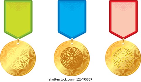 set of gold medals with ornament