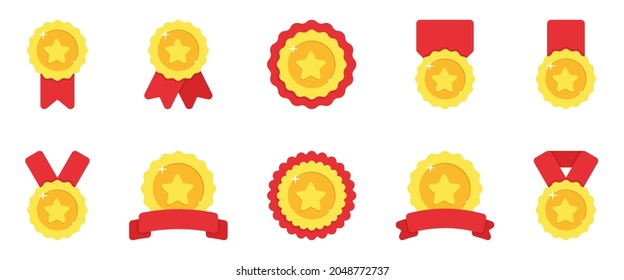 Set of Gold Medals with Red Ribbon and Stars on White Background. Shiny Golden Award Collection for Winner of Competition. Round Gold Rewards for Sport Champion. Isolated Vector Illustration.