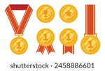 A set of gold medals with red ribbons for first place winners