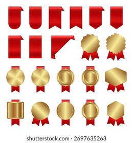Conjunto de medalhas de ouro e fitas vermelhas coleção prêmio isolado