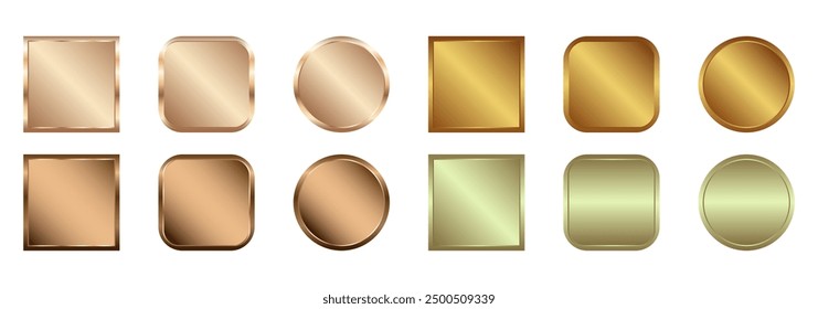 Conjunto de medallas de oro, insignias de metal redondas y cuadradas. Marcos de Vector de oro o iconos aislados sobre fondo transparente.