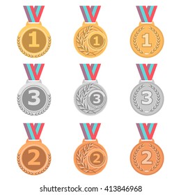 Set of gold medals, silver medals and bronze medals icons in different style. Leader award, win prize, best athlete award symbol, victory sign, Vector eps10