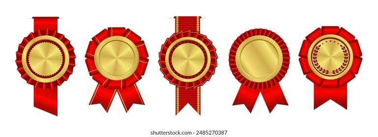 Conjunto de medallas de oro, Plantilla, etiqueta. Emblema redondo de metal liso brillante Best Seller. Premio con corona, rama de laurel, corona, cintas. Aislado sobre fondo blanco Ilustración vectorial EPS10

