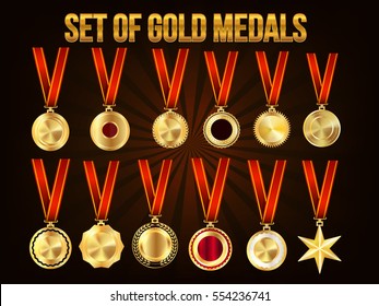 Set of Gold Medals, Vector Realistic Collection.