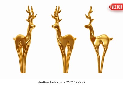 Conjunto de figurinhas de metal dourado de veados elegantes. Natal dourado realista ícone 3d rena. Objetos decorativos de férias isolados em fundo branco. Ilustração vetorial