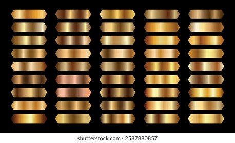 Set of gold metal gradients, gold, bronze, white gold. Palette of coin. Metallic collection foil. Luxury effect. Texture for ribbon. Gradation. Premium brilliant badge. Shiny holographic  icon. 