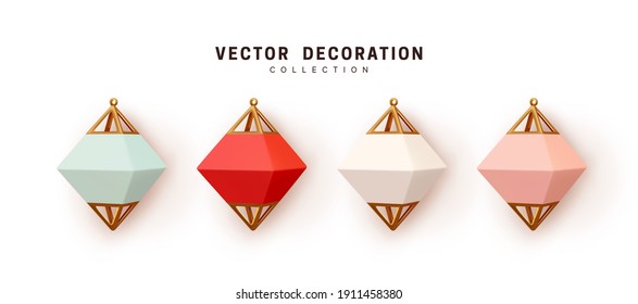 Set of gold metal multicolored lanterns, pendant street lamps. Collection Realistic Decorative 3d render object. Element for design. Celebrate Lantern Festival Vector illustration