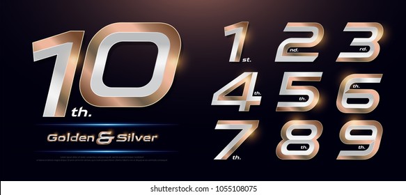 Set of gold metal number. Vector golden and silver numbers. 1, 2, 3, 4, 5, 6, 7, 8, 9, 10, logo design. vector illustration