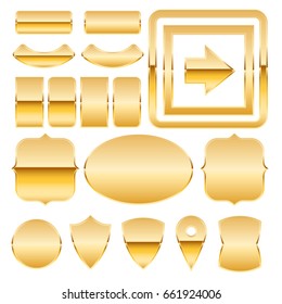 Set of gold metal plates. Borders, rectangle and circles frames.  Vector design elements 