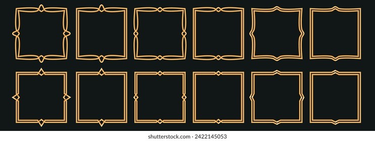 Ein Satz von quadratischen Rahmen aus goldenem Metall. Im Stil des Mittelalters, Art Deco, Elbisch. Dünne volumetrische Grenzen mit einem einfachen Muster. Vektorelemente für Anwendungen, Websites, Typografie