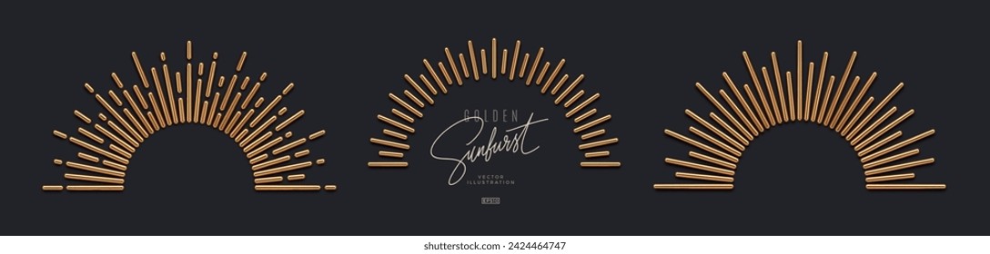 Set of gold metal sunburst rays on dark background. 3d render vector illustration.