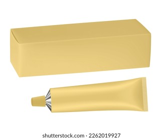 Set of gold metal tube and box. Realistic mockup. Ointment or salve. Korean packaging. Blank cardboard package	