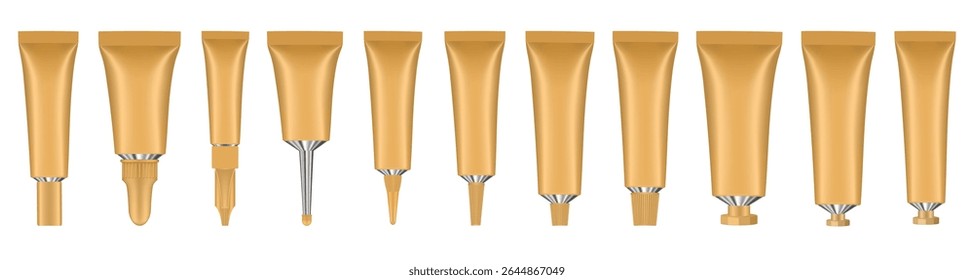 Conjunto de tubos de metal dourado. Montagem realista. Tubo longo do bocal para pomada ou salve. Gel ou soro. Embalagem cosmética coreana. Creme de dente ou creme para as mãos