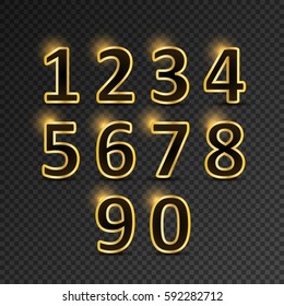 Set of gold metal vector numbers, from 1 to 0. Vector image. Transparent background.