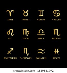 Set of gold metal zodiac signs and symbols with names on black background. Horoscope, astrology icons. Twelve constellations isolated. Vector.