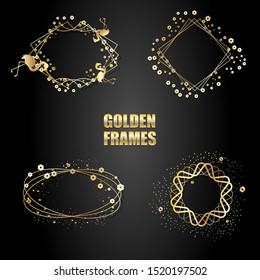 Set of gold metallic frames with sparkles. Vector Isolated objects on a black background. Used for wedding invitations, birthday cards, banners,