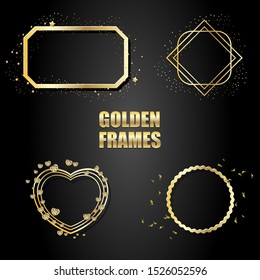 Set of gold metallic frames with sparkles. Vector Isolated objects on a black background. Used for wedding invitations, birthday cards, banners,