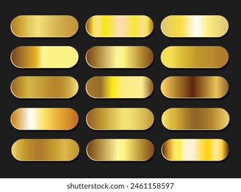 Set of Gold metallic gradient. Premium plates with shiny gold effect. Vector metal golden pallet.