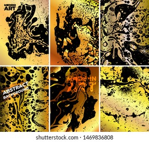 Set of Gold metallic marble textures backgrounds. Modern art book, magazine cover, flyer mockup. Vector illustration. Isolated on white background.