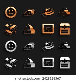 Set Gold mine, bars, Antique treasure chest, Safe with gold, coin money,  and Stacks paper cash icon. Vector