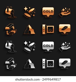 Set Gold mine, bars, Safe with gold, exchange money, Molten being poured and coin icon. Vector