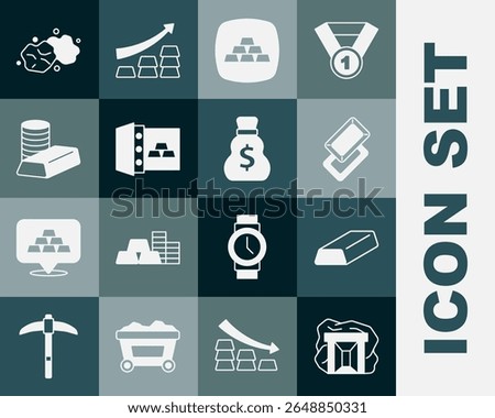 Set Gold mine, bars, Safe with gold, coin, nugget and Old money bag icon. Vector