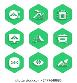 Set Gold mine, Eye with dollar, Growth arrow gold bars, Mine cart, 24k,  and Jewelry store icon. Vector