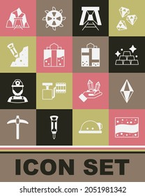 Set Gold mine, Gem stone, bars, Mine entrance, Construction jackhammer,  and  icon. Vector