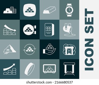 Set Gold mine, Molten gold being poured, bars, Jewelry store, Falling arrow with, coin and 24k icon. Vector