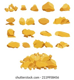 Set of gold mine nuggets and rocks. Gold rock for damage and rubble for game design. rich shiny golden material. Vector illustration.