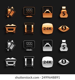 Set Gold mine, Old money bag, Eye with dollar, bars 24k, Mine cart gold, Diamond engagement ring box,  and  icon. Vector