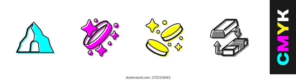 Conjunto de mina de oro, anillo, moneda e icono de cambio. Vector
