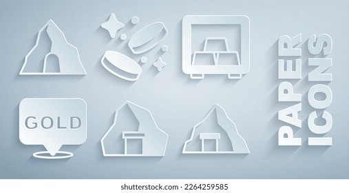 Mina de oro, caja fuerte con barras de oro, dinero de monedas e icono. Vector