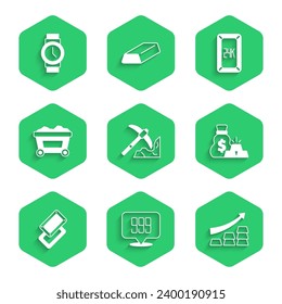 Set Gold mining, bars 24k, Growth arrow with gold, Bag of, Mine cart,  and Wrist watch icon. Vector