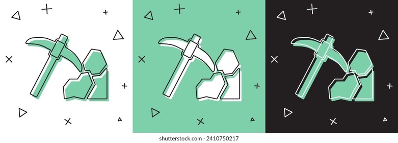 Establece el icono de minería de oro aislado en fondo blanco y verde, negro.  Vector
