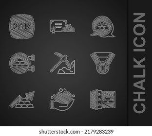 Set Gold mining, nugget, Safe with gold bars, medal, Growth arrow, Jewelry store,  and 24k icon. Vector