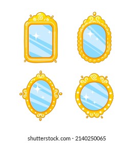 Set of gold mirrors with reflections.Shiny mirror in different shapes.Fantasy drawn elements for princess or prince birthday party.Vector cartoon illustration