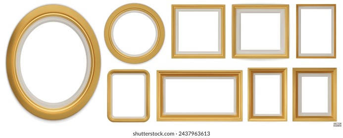 Set of gold modern frame isolated on white background. Realistic rectangle, circle, oval Photo golden frames mockup. Classic Borders set for painting, photo gallery. 3d vector illustration.