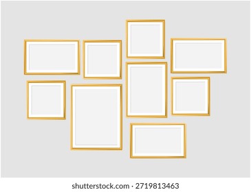 Set of gold modern frame isolated on white background. 3d Photo Frame for Kid, galleries, artwork, photography vector illustration mockup.
