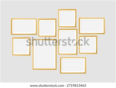Set of gold modern frame isolated on white background. 3d Photo Frame for Kid, galleries, artwork, photography vector illustration mockup.