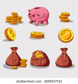 Un conjunto de monedas de oro para juegos móviles y casinos en un estilo vectorial casual. Un conjunto de diferentes íconos de monedas de dinero y bancos de cerdos en forma de cerdo. Una bolsa de dinero rebosante de monedas