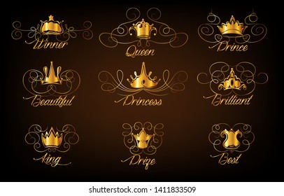 Set of gold monogram for graphic design on black background. Royal graceful frame, filigree border, crown, floral element in vintage style for wedding invitation, card, logo
