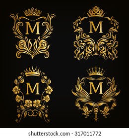 Set of gold monogram for graphic design on black background. Royal graceful frame, filigree border, crown, floral element in vintage style for wedding invitation, card, logo. Vector illustration EPS10