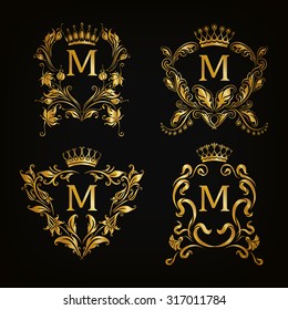 Set of gold monogram for graphic design on black background. Royal graceful frame, filigree border, crown, floral element in vintage style for wedding invitation, card, logo. Vector illustration EPS10